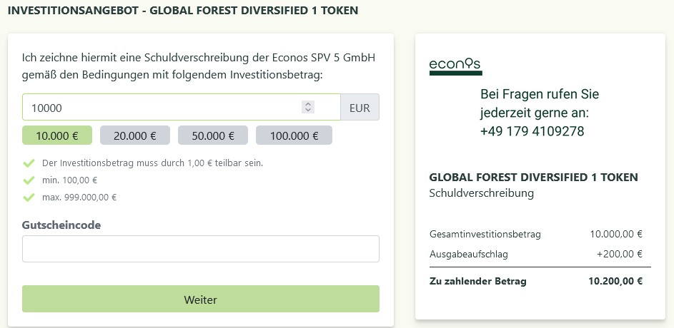 10.000 € Investitionsbetrag in Global Forest Token