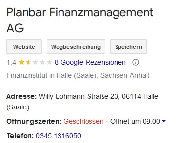 Planbar Finanzmanagement AG Google Rezensionen